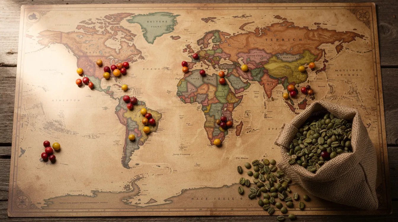 The image features a flat-lay of a world map adorned with scattered coffee cherries and a small burlap sack filled with green coffee beans, highlighting the journey of specialty coffee from farm to cup. This visually rich scene appeals to coffee lovers and emphasizes the importance of high-quality coffee and the global trade of coffee beans.