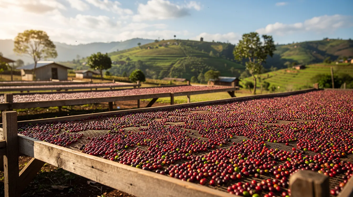 Ripe red coffee cherries are spread out on raised wooden beds, drying under the sun in a picturesque Ethiopian highland setting, with lush green hills in the background. This scene showcases the cultivation of Ethiopian coffee beans, highlighting the natural beauty of the region where high-quality specialty coffee is produced.