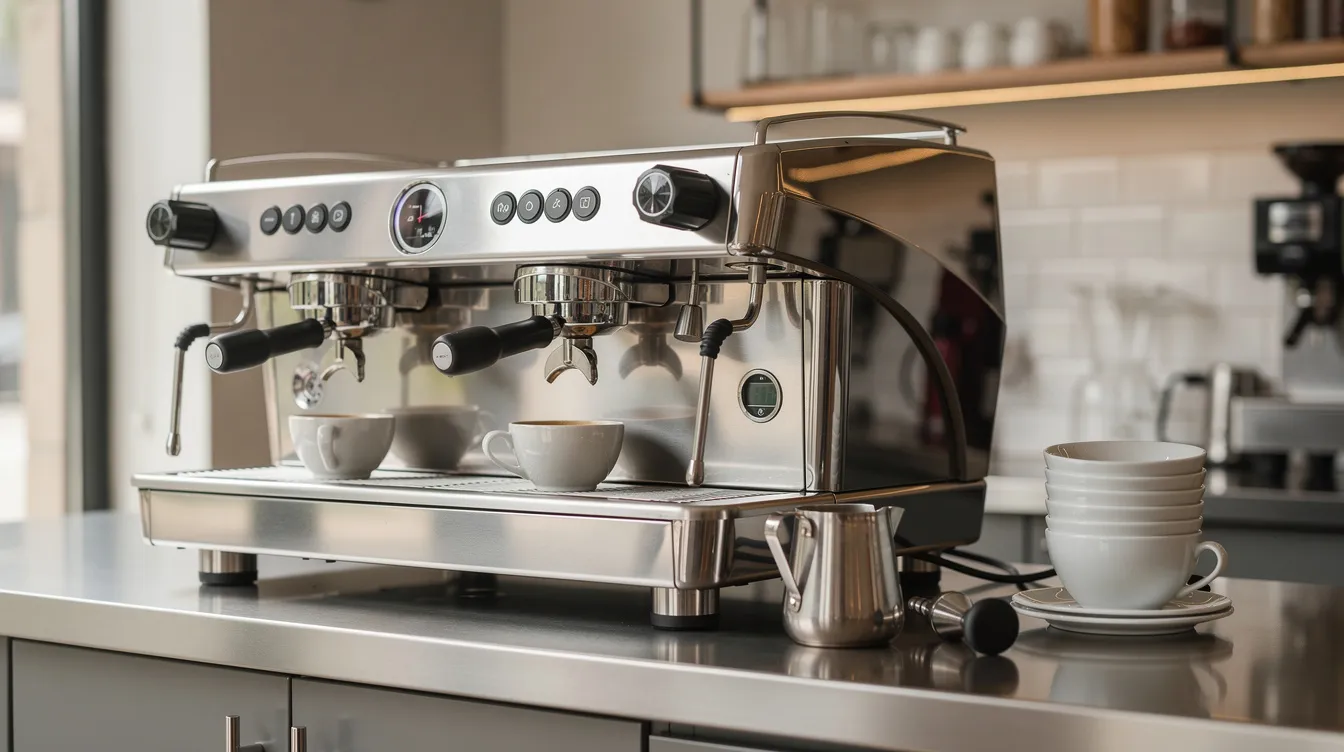 A polished commercial espresso machine with two group heads is prominently displayed on a stainless steel cafe counter, accompanied by stacks of cups nearby, showcasing essential commercial coffee equipment for any coffee shop. The setup highlights the precision and consistency needed for crafting perfect espresso and cappuccino drinks for customers.