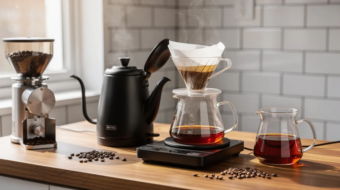 The image features an assortment of coffee brewing equipment, including a conical burr grinder, kettle, scale, and a pour-over dripper, all elegantly arranged on a wooden kitchen counter, showcasing the essential tools for any home barista. This collection highlights the brewing process, perfect for coffee lovers seeking to enhance their coffee game with quality gear.
