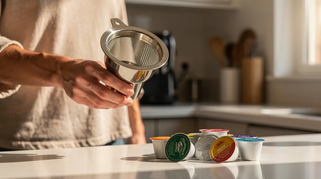 The image shows a person holding a reusable metal coffee filter next to disposable coffee pods on a kitchen counter, highlighting a sustainable brewing method compared to single serve coffee makers like Nespresso and Keurig machines. The contrast between reusable and disposable options emphasizes choices for coffee lovers seeking high-quality coffee.