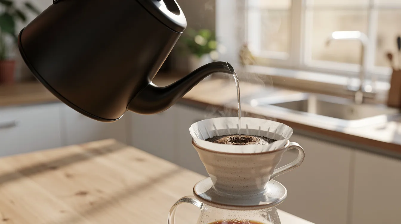 A person is pouring hot water from a gooseneck kettle over a pour-over coffee dripper in a bright kitchen, creating a flavorful cup of freshly brewed coffee. This scene captures the essence of specialty coffee preparation, perfect for coffee lovers who appreciate the art of brewing.