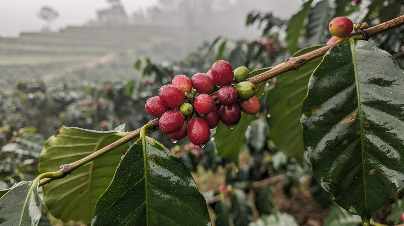 A close-up view of ripe red coffee cherries nestled among lush green leaves on a branch, set against the backdrop of a misty highland farm in Nicaragua. This image highlights the rich agricultural heritage of Nicaraguan coffee, showcasing the vibrant cherries that contribute to the region's specialty coffee known for its smooth body and mild acidity.