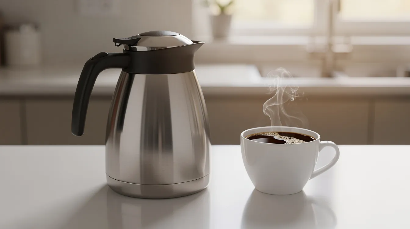 A sleek stainless steel thermal carafe rests on a kitchen counter, accompanied by a freshly brewed cup of hot coffee with steam rising, inviting you to enjoy a delicious and flavorful coffee experience. The carafe is perfect for keeping your coffee warm for hours, highlighting its role as one of the best thermal carafe coffee makers.