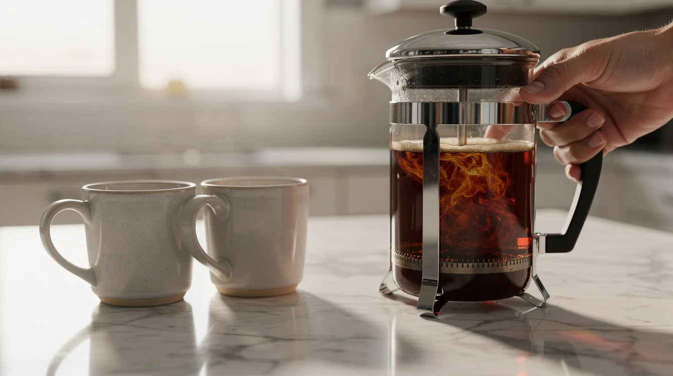 A French press is being slowly plunged, with two ceramic coffee mugs ready to be filled, resting on a sleek marble countertop. This scene captures the brewing process of making a perfect cup of coffee, highlighting the anticipation of enjoying rich, dark roasted coffee.