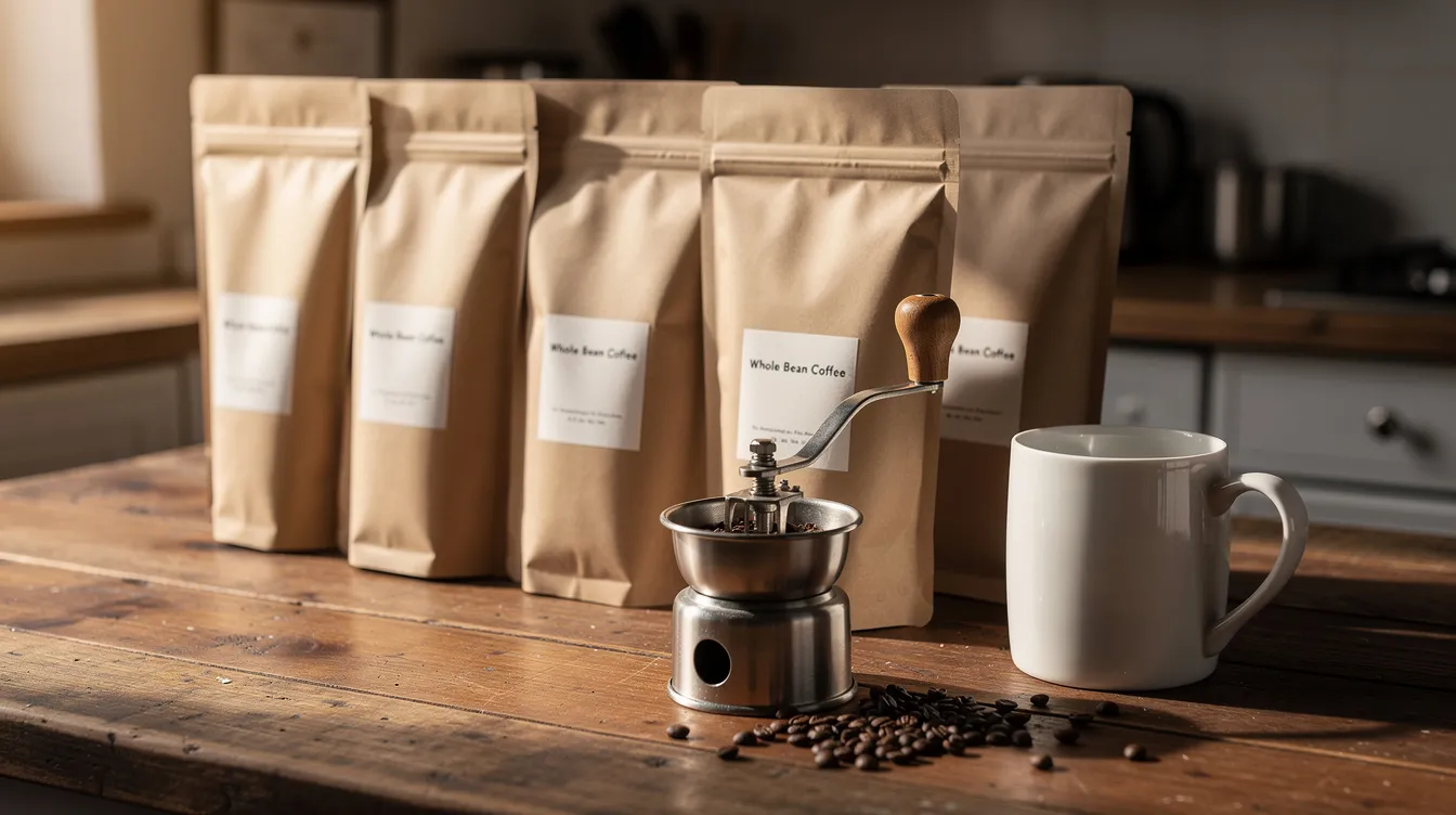 The image features several bags of whole bean coffee, showcasing various low acid coffee options, arranged neatly on a wooden kitchen counter. A ceramic mug and a hand grinder are placed nearby, suggesting a cozy coffee brewing setup ideal for sensitive stomachs seeking the best low acid coffee experience.