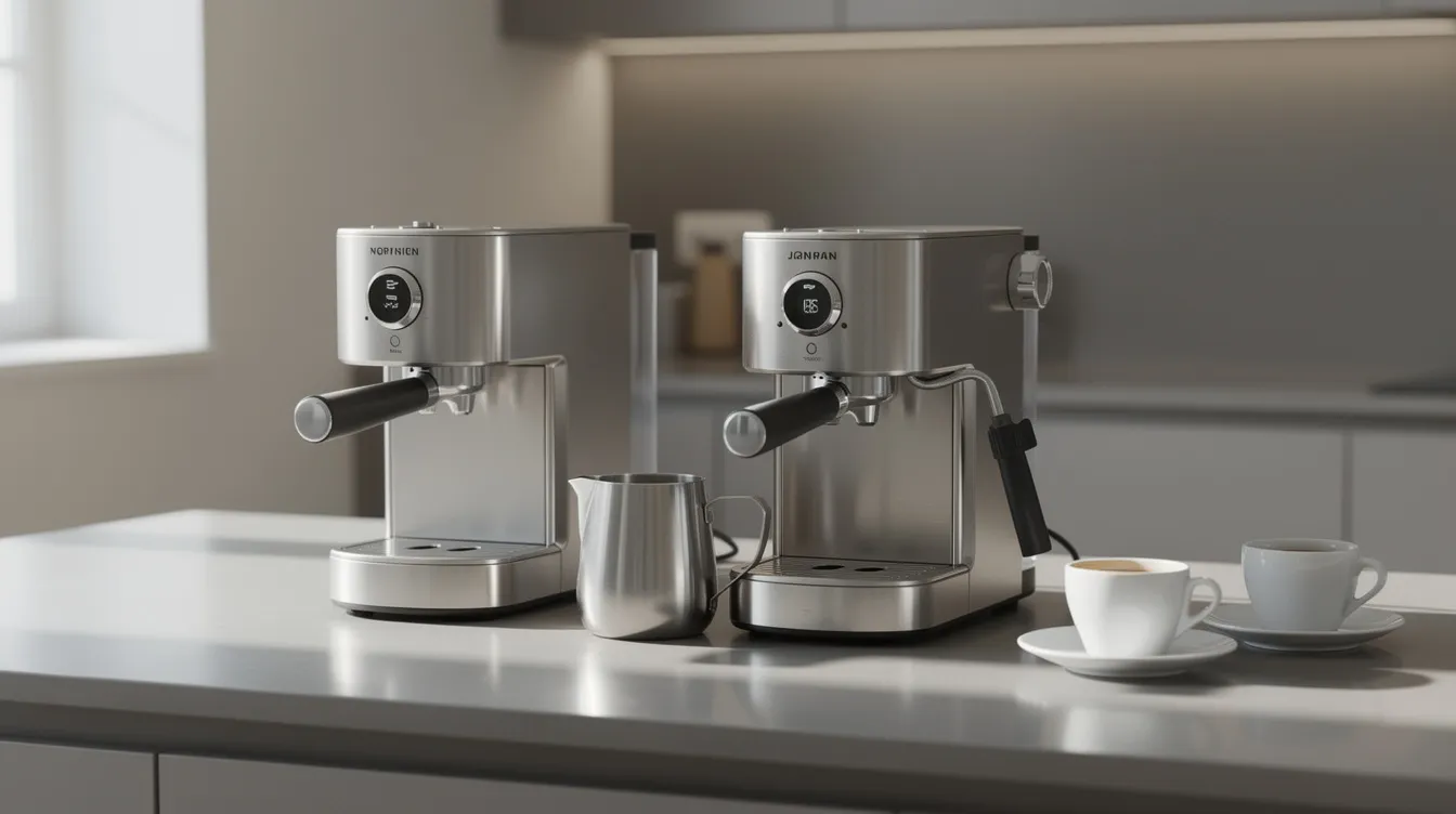 The image features two compact stainless steel espresso machines, the Breville Bambino and Bambino Plus, positioned side by side on a modern kitchen countertop. Nearby, there are a small milk pitcher and coffee cups, highlighting the machines' capabilities for automatic milk steaming and manual frothing, perfect for creating high-quality milk drinks.