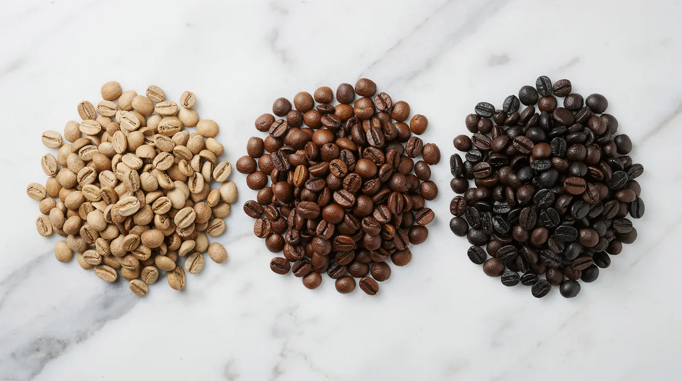 The image features three distinct piles of roasted coffee beans on a white marble surface, showcasing a gradient from light roast coffee in a light tan hue on the left, to medium roast coffee in a medium brown color at the center, and finally to dark roast beans that appear near-black on the right. This arrangement highlights the roast level variations, emphasizing the flavor profiles and characteristics unique to each type of coffee.