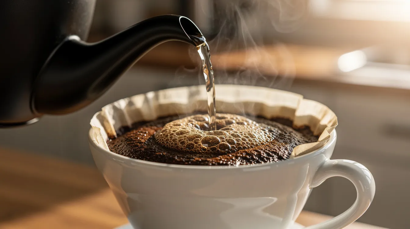 A close-up image shows hot water being poured from a gooseneck kettle into a ceramic pour-over dripper filled with coffee grounds, which are blooming as they absorb the water, highlighting the coffee brewing process for a flavorful cup of coffee. The precise pouring technique emphasizes the importance of grind size and extraction for achieving cafe quality coffee at home.