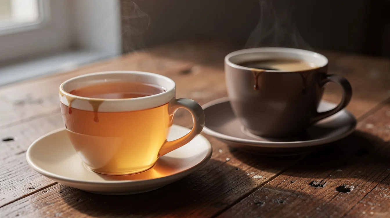 Two ceramic coffee cups sit on a wooden table, one filled with light amber filter coffee showcasing a balanced cup with citrusy notes, while the other contains a darker espresso-style coffee, perfect for coffee lovers seeking rich flavors. Natural morning light enhances the warmth of the scene, highlighting the different brewing methods and the unique flavor profiles of single origin versus blend coffee.