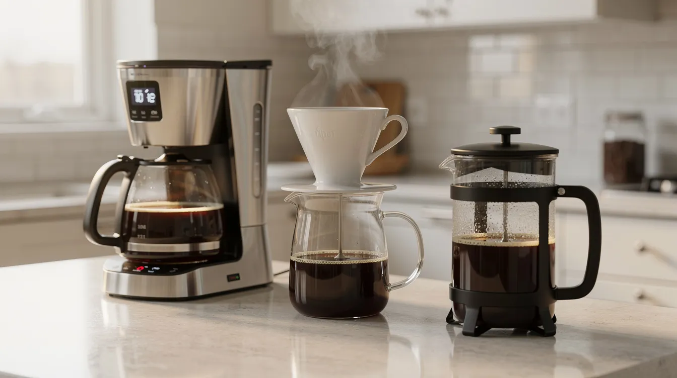 The image depicts a kitchen countertop featuring various styles of coffee makers, including a drip brewer, a glass pour over dripper, and a French press, all arranged side by side. This setup showcases the diversity of coffee gear available for coffee drinkers, highlighting options for brewing delicious coffee at home.