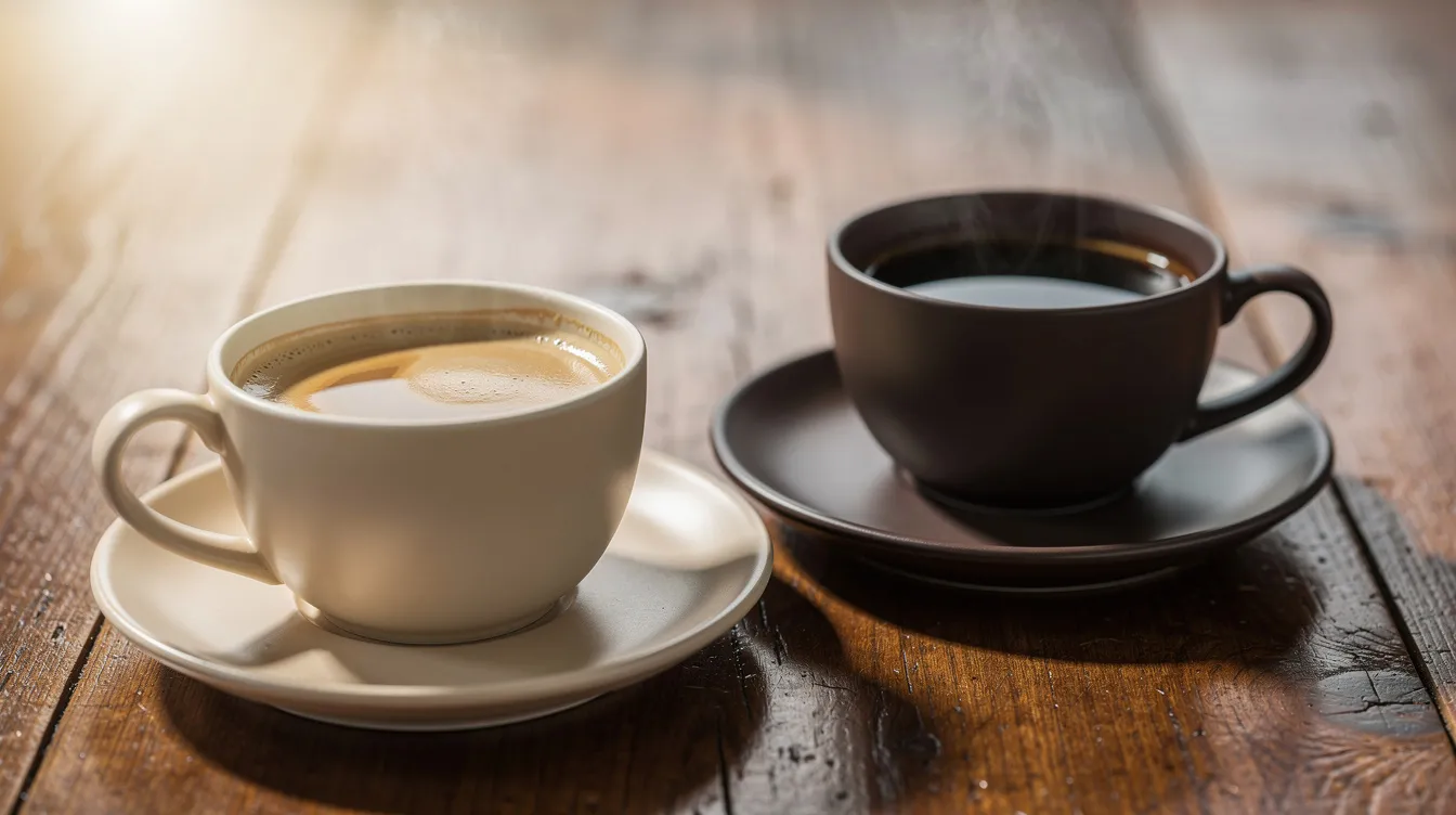The image shows two coffee cups side by side on a wooden table; one cup is lighter in color, suggesting a sweeter and lighter brew, while the darker cup may indicate a richer flavor profile. This comparison highlights the differences in brewing methods, such as using a Chemex versus a Hario V60, showcasing the versatility in specialty coffee preparation.