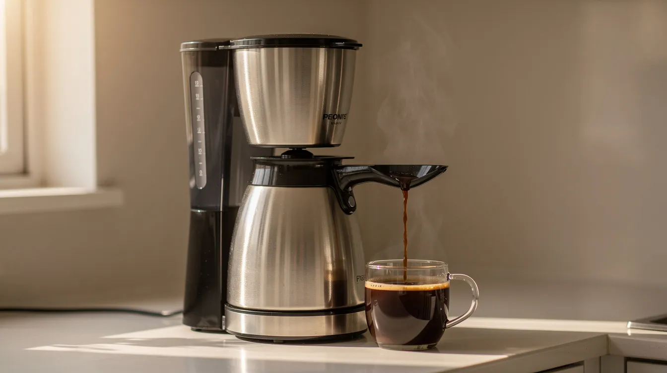 A drip coffee maker is pouring freshly brewed coffee into a sleek stainless steel thermal carafe on a kitchen counter, illuminated by warm morning light, showcasing the brewing process of a great tasting coffee. The scene highlights the convenience of automatic brewers for coffee drinkers who appreciate good coffee.