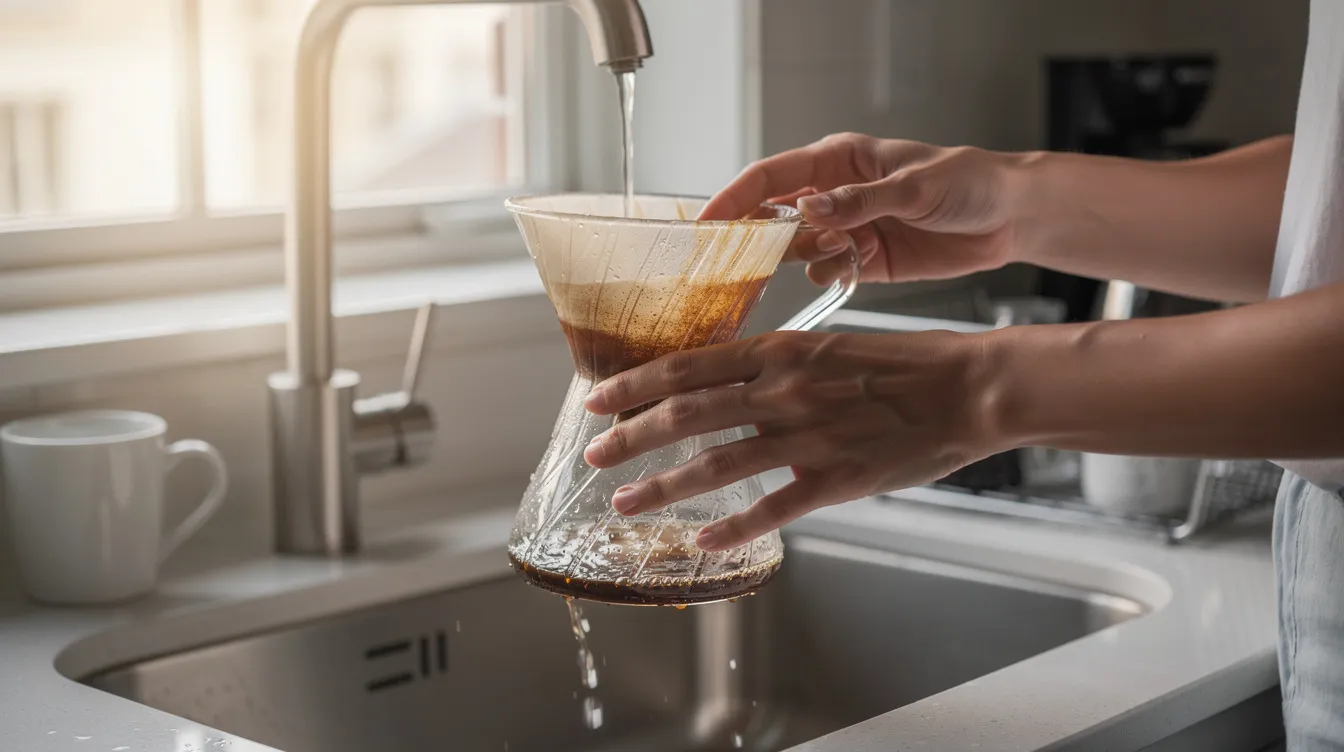 A person is meticulously cleaning a glass pour-over coffee dripper under running water in a bright kitchen, highlighting the importance of maintaining manual coffee brewing equipment for a perfect cup of filter coffee. The scene emphasizes the brewing process and the care coffee enthusiasts take to ensure consistent flavor.