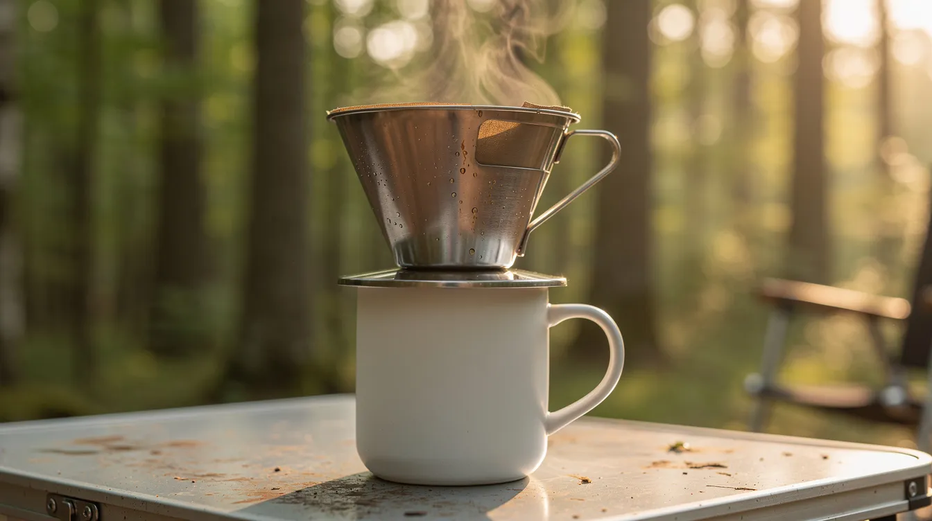 A stainless steel pour-over coffee maker is elegantly positioned atop a ceramic mug on a rustic camping table, surrounded by trees in the background. The setup suggests a serene outdoor brewing process, ideal for making good coffee using the pour-over technique with fresh coffee grounds.