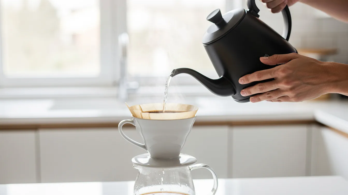 A person is pouring hot water from a gooseneck kettle into a ceramic pour-over dripper in a bright kitchen, highlighting the art of brewing a good cup of coffee. The scene captures the essence of coffee lovers engaged in the brewing process, emphasizing the quality and aroma of freshly ground coffee beans.