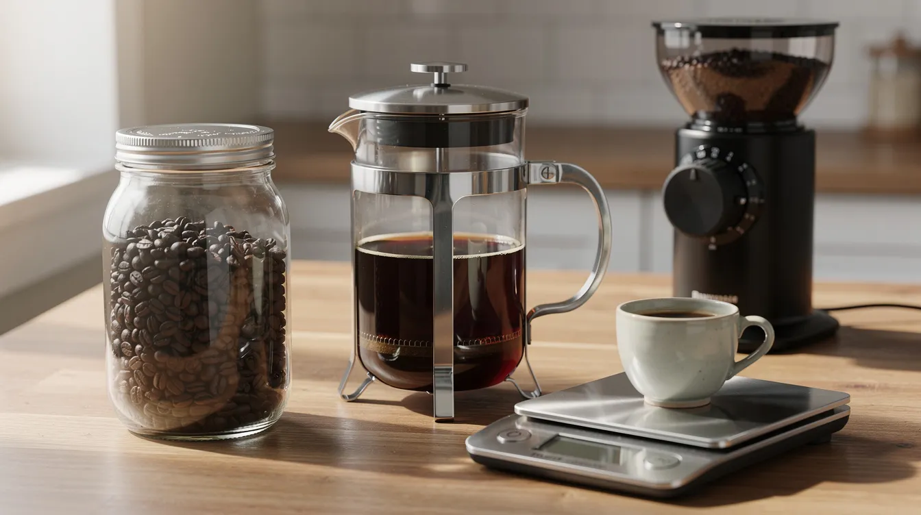 The image features a French press, a mason jar, a burr coffee grinder, and a digital kitchen scale neatly arranged on a wooden countertop, showcasing essential cold brew coffee equipment for the brewing process. These items are perfect for making cold brew concentrate or iced coffee, highlighting the preparation steps needed for delicious cold coffee drinks.