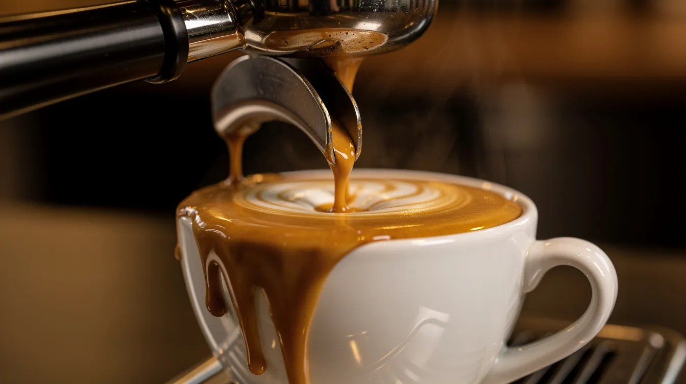 A close-up image shows a rich espresso shot being extracted from a portafilter into a ceramic cup, with a velvety golden crema forming on top. This scene captures the essence of amazing coffee, highlighting the skill involved in brewing a perfect espresso for coffee enthusiasts.