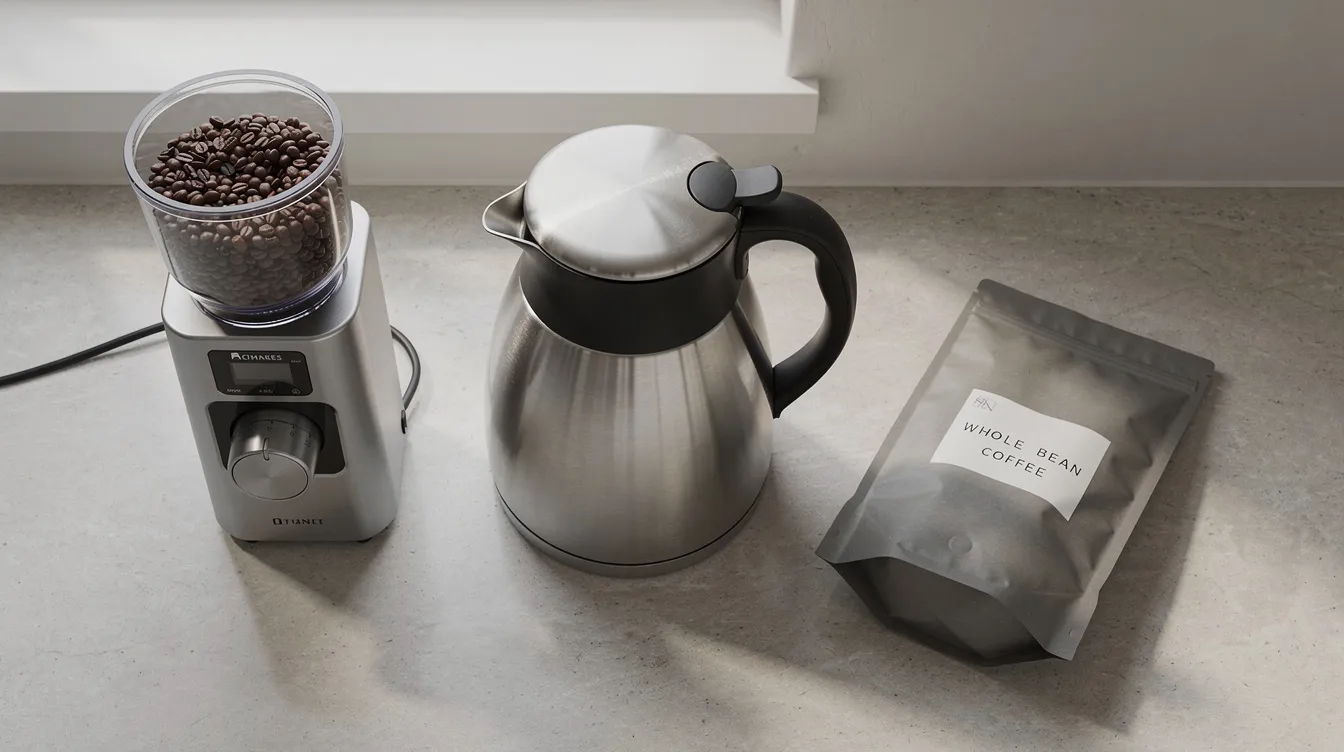 An overhead view of a kitchen counter showcases a sleek thermal carafe coffee maker alongside a burr grinder and a bag of whole bean coffee, all neatly arranged for an efficient brewing process. The setup highlights essential coffee brewers and tools for making delicious coffee at home.