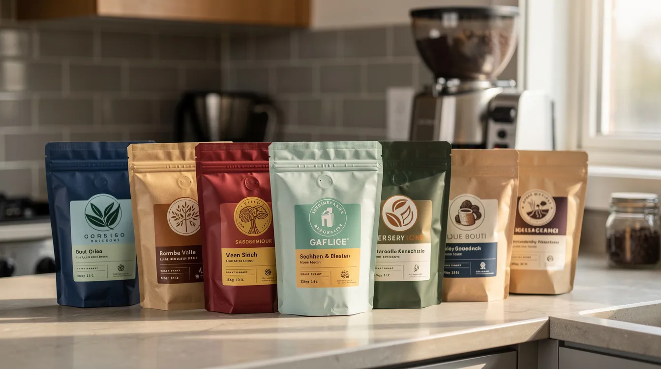 The image showcases a variety of coffee bags from different specialty roasters arranged on a kitchen counter, with a coffee grinder in the background, emphasizing the world of freshly roasted coffee and the excitement of coffee subscriptions for coffee lovers. Each bag represents unique flavor notes and origins, inviting exploration of high-quality coffee options.