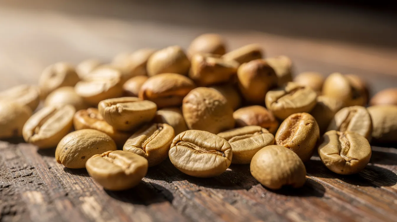 A close-up view of pale golden-brown coffee beans with a matte dry surface, scattered artfully on a wooden table, showcasing their light roast characteristics. These beans, often favored by coffee enthusiasts for their bright acidity and complex flavors, represent the nuanced coffee roast levels in the roasting process.