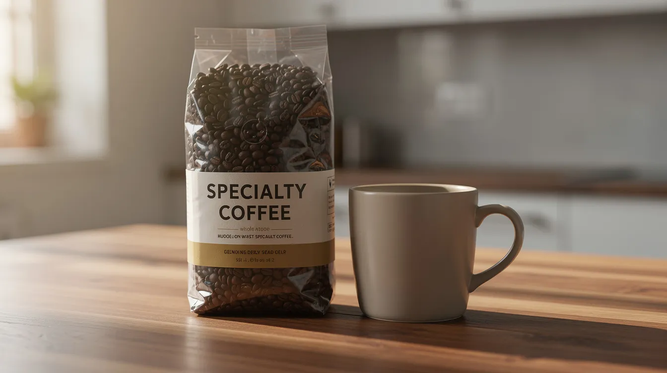 A bag of Lifeboost coffee, known for its low acidity and high-quality organic beans, rests on a wooden kitchen countertop beside a simple ceramic mug, ready for brewing. The specialty coffee emphasizes sustainable farming practices and is perfect for those with sensitive stomachs.