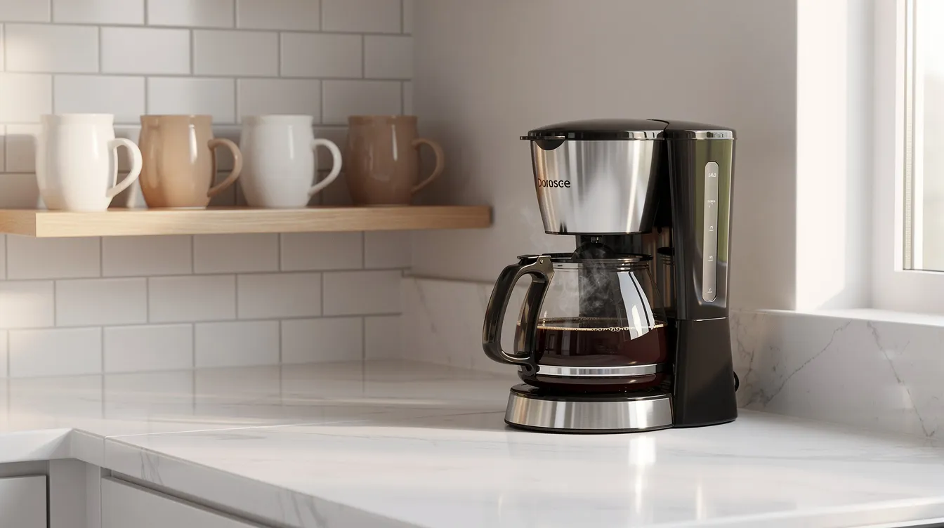 The image depicts a clean, modern kitchen countertop featuring a sleek drip coffee maker, likely an Oxo brew model, positioned beside a wooden shelf filled with colorful coffee mugs. This setup is perfect for coffee lovers, showcasing a stylish brewing process for delicious coffee.