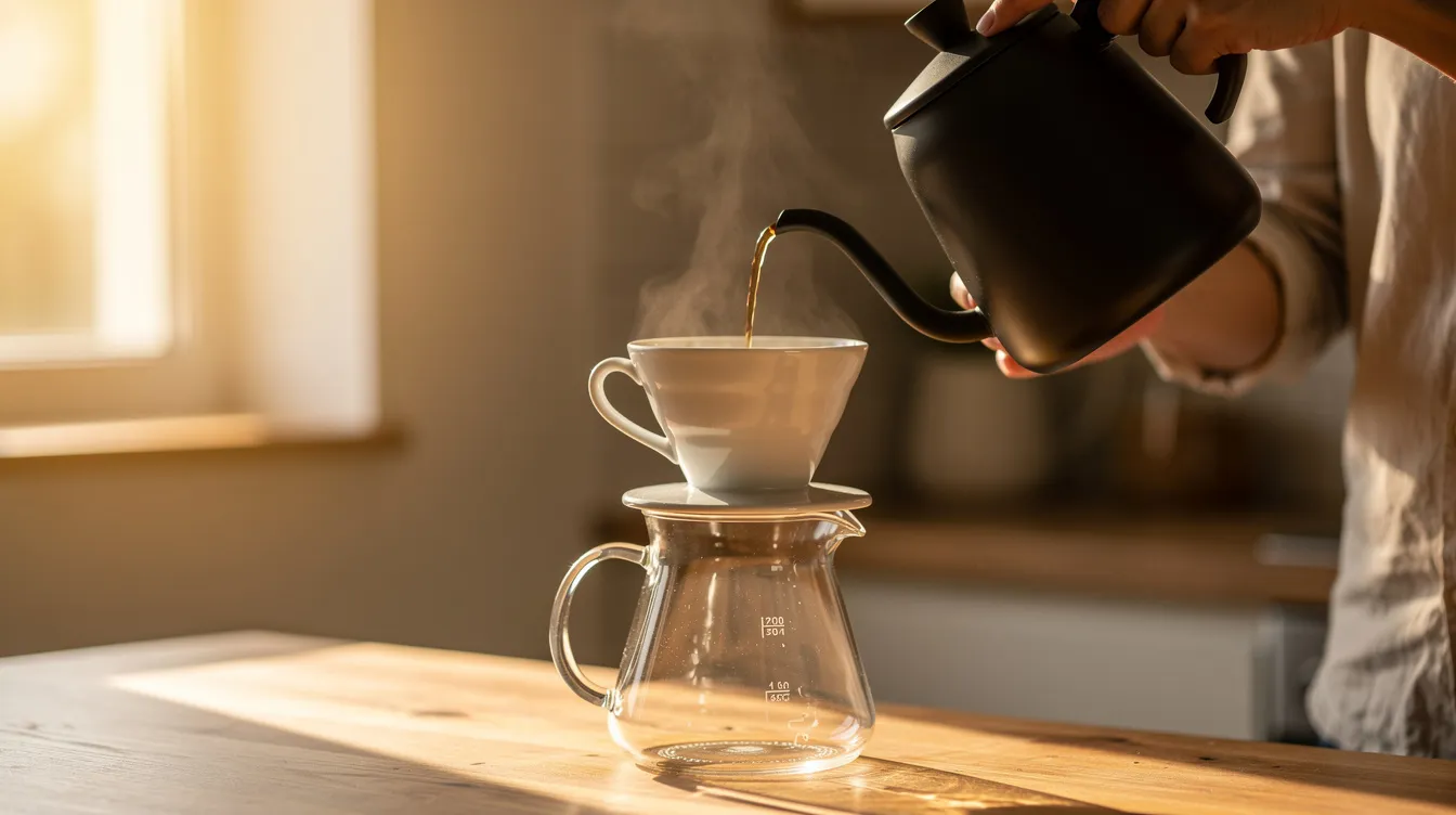 A person is pouring water from a gooseneck kettle into a ceramic pour-over dripper, with sunlight streaming in, creating a warm and inviting atmosphere for brewing freshly roasted coffee. This scene captures the essence of specialty coffee preparation, perfect for coffee lovers who appreciate the nuances of different coffee beans.
