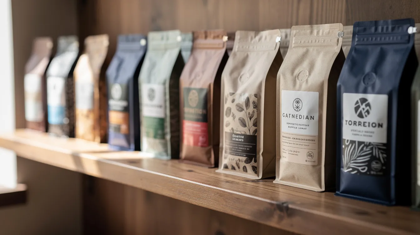 The image features rows of different coffee bags from various roasters, beautifully arranged on a wooden shelf, showcasing a variety of specialty coffee options for coffee lovers. Each bag represents freshly roasted coffee, highlighting the diverse flavor notes and preferences available for those seeking the best coffee subscriptions.