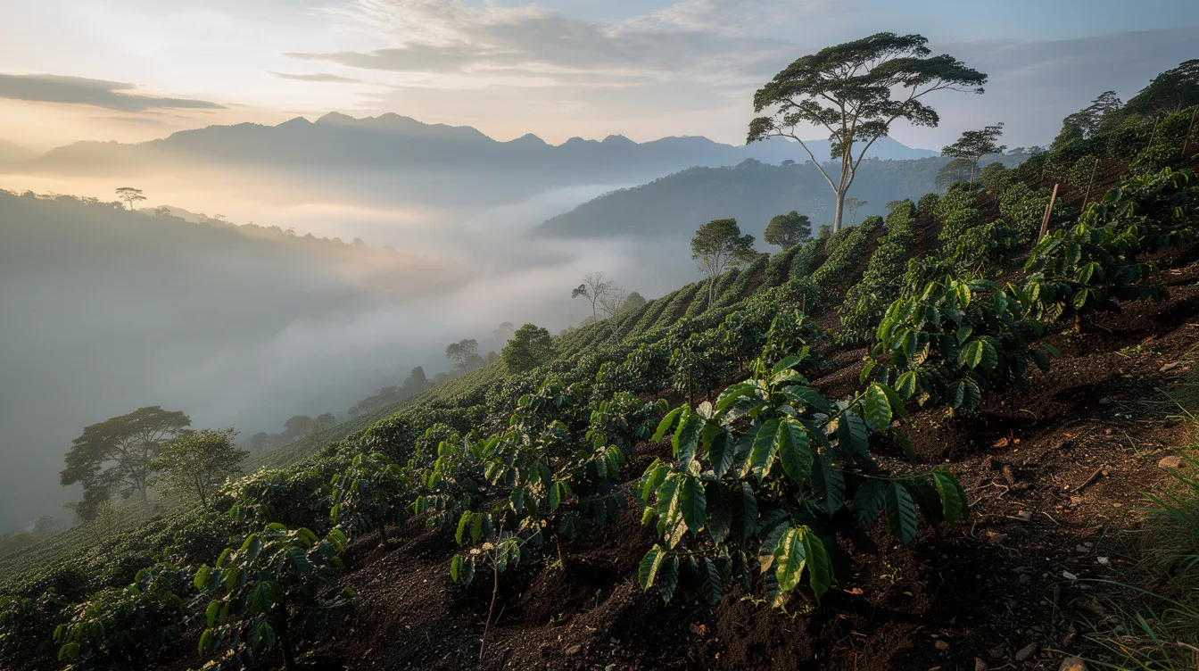 A lush green coffee plantation sprawls across a steep hillside, with misty mountain peaks rising in the background, showcasing the beauty of coffee cultivation in Kenya. This vibrant scene highlights the rich environment where high-quality Kenyan coffee beans, known for their fruity and floral notes, are grown.