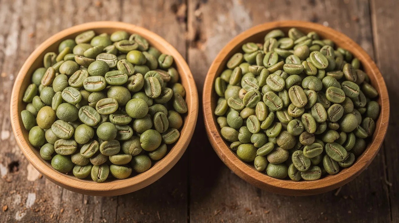 The image features a close-up of green unroasted coffee beans from two different origins, displayed in separate wooden bowls on a rustic surface, highlighting the diversity of coffee flavors and the unique characteristics of each coffee origin. The contrasting textures and colors of the beans suggest the rich flavor profiles and complex fruit notes associated with specialty coffee from around the world.