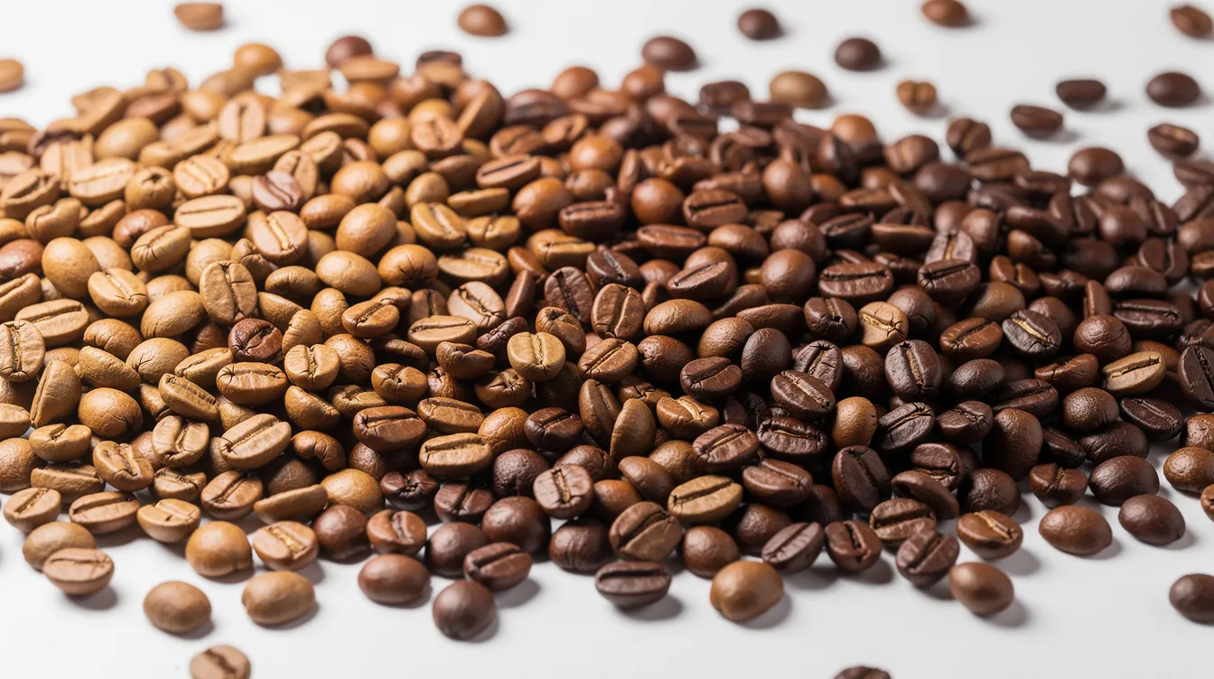 A close-up view of whole coffee beans showcases various roast levels, ranging from light golden to dark brown, spread across a white surface, highlighting the diversity in specialty coffee. This image captures the essence of freshly roasted beans, appealing to coffee lovers and those seeking the freshest coffee for their morning cup.