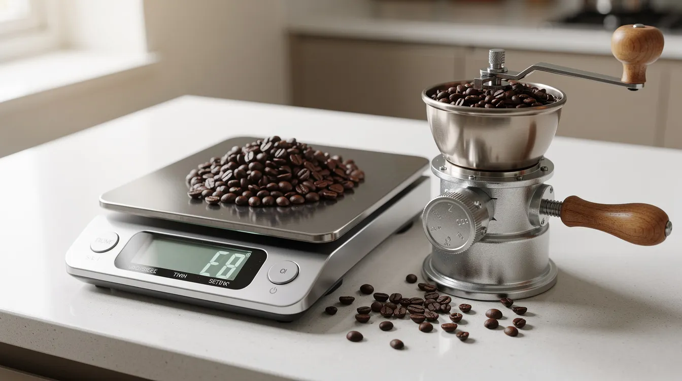 The image shows a kitchen scale measuring whole coffee beans, positioned next to a manual burr grinder, highlighting the essential tools for coffee drinkers who appreciate the brewing process. This setup is perfect for those looking to achieve the best tasting coffee by grinding their own beans for a flavorful cup.