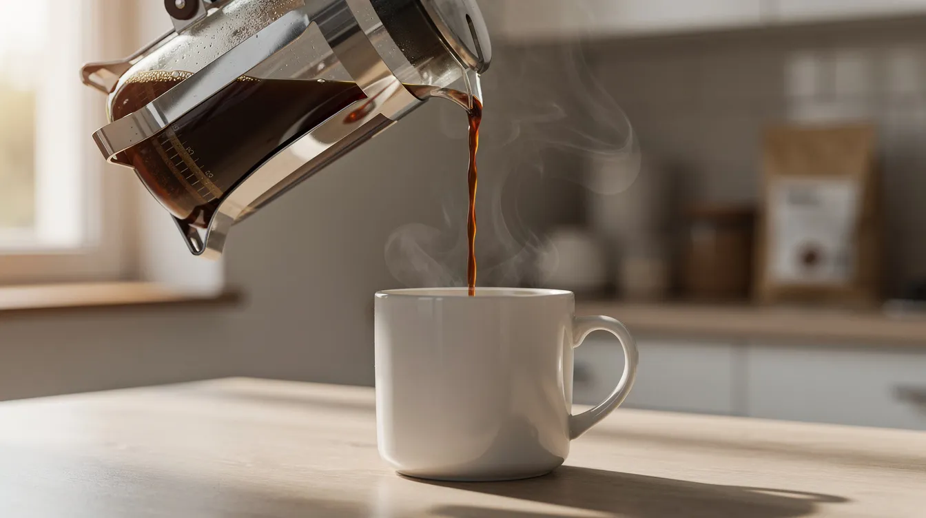 A dark roasted Sumatra coffee is being poured from a French press into a white ceramic mug, showcasing its rich, bold flavor and heavy body, while a kitchen counter serves as the backdrop for this inviting coffee moment. The scene captures the essence of fresh roasted coffee, perfect for coffee lovers who appreciate the intense sweet tones and earthy notes characteristic of Sumatran coffee.