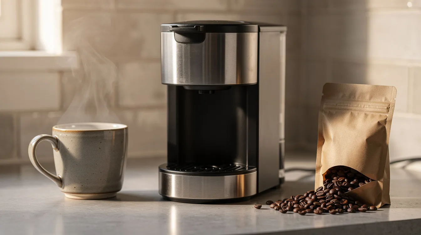 A compact drip coffee maker is positioned on a small kitchen counter, accompanied by a single coffee mug and a bag of coffee beans, suggesting a cozy setup for brewing a good cup of coffee. The scene highlights the convenience of inexpensive coffee makers for coffee drinkers in small spaces.