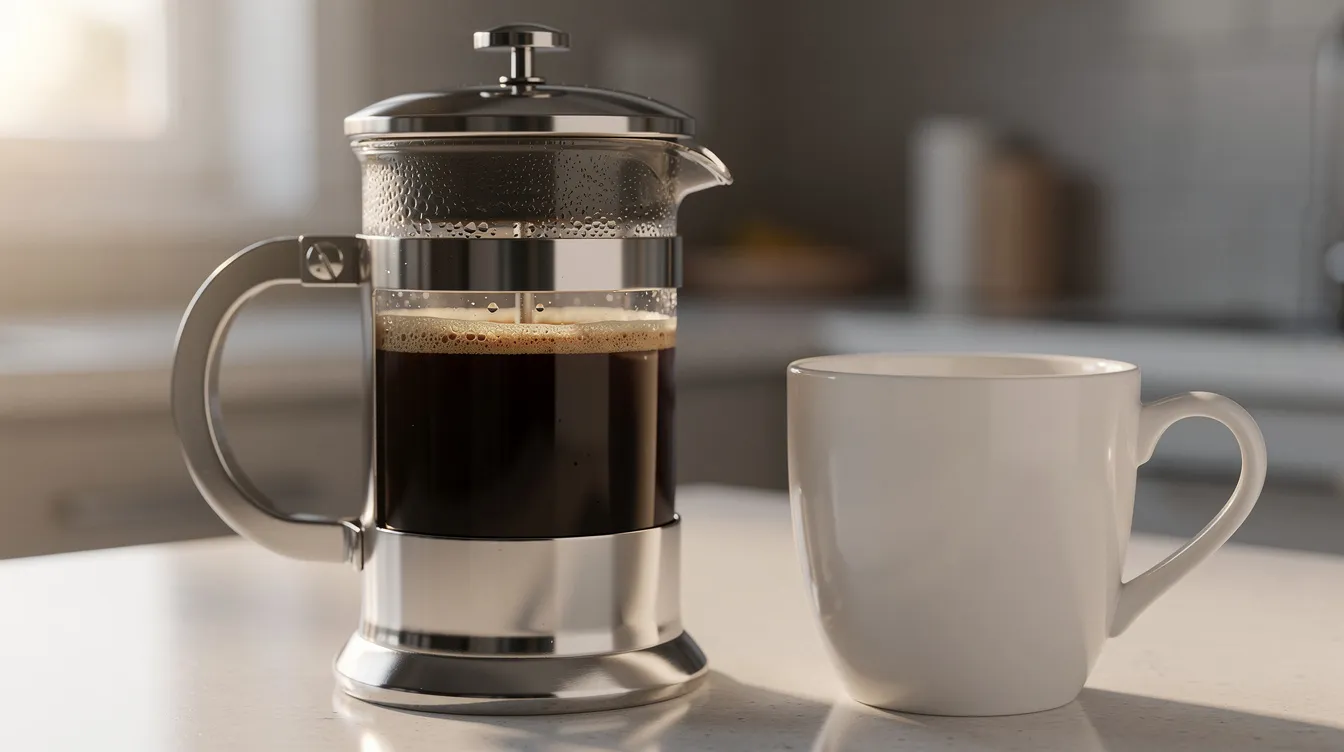 A stainless steel French press filled with freshly brewed dark coffee sits on a kitchen counter next to a ceramic mug, showcasing the manual coffee brewing process favored by coffee enthusiasts. The rich aroma of the coffee grounds fills the air, promising a perfect cup of coffee.