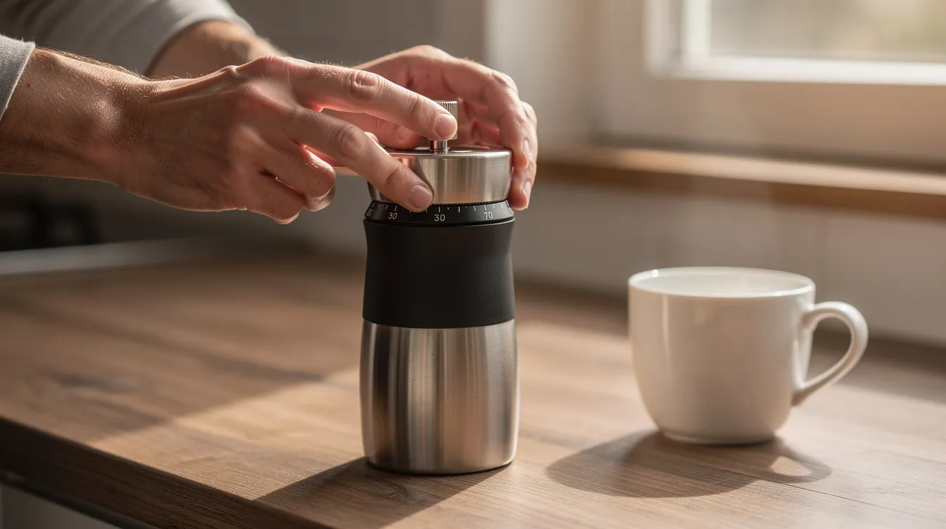 The image shows hands adjusting the grind setting on a manual burr coffee grinder, with a ceramic cup placed nearby, highlighting the process of preparing ground coffee for different brewing methods. This scene emphasizes the importance of grind size in achieving a delicious cup of coffee, whether for French press, espresso, or cold brew.