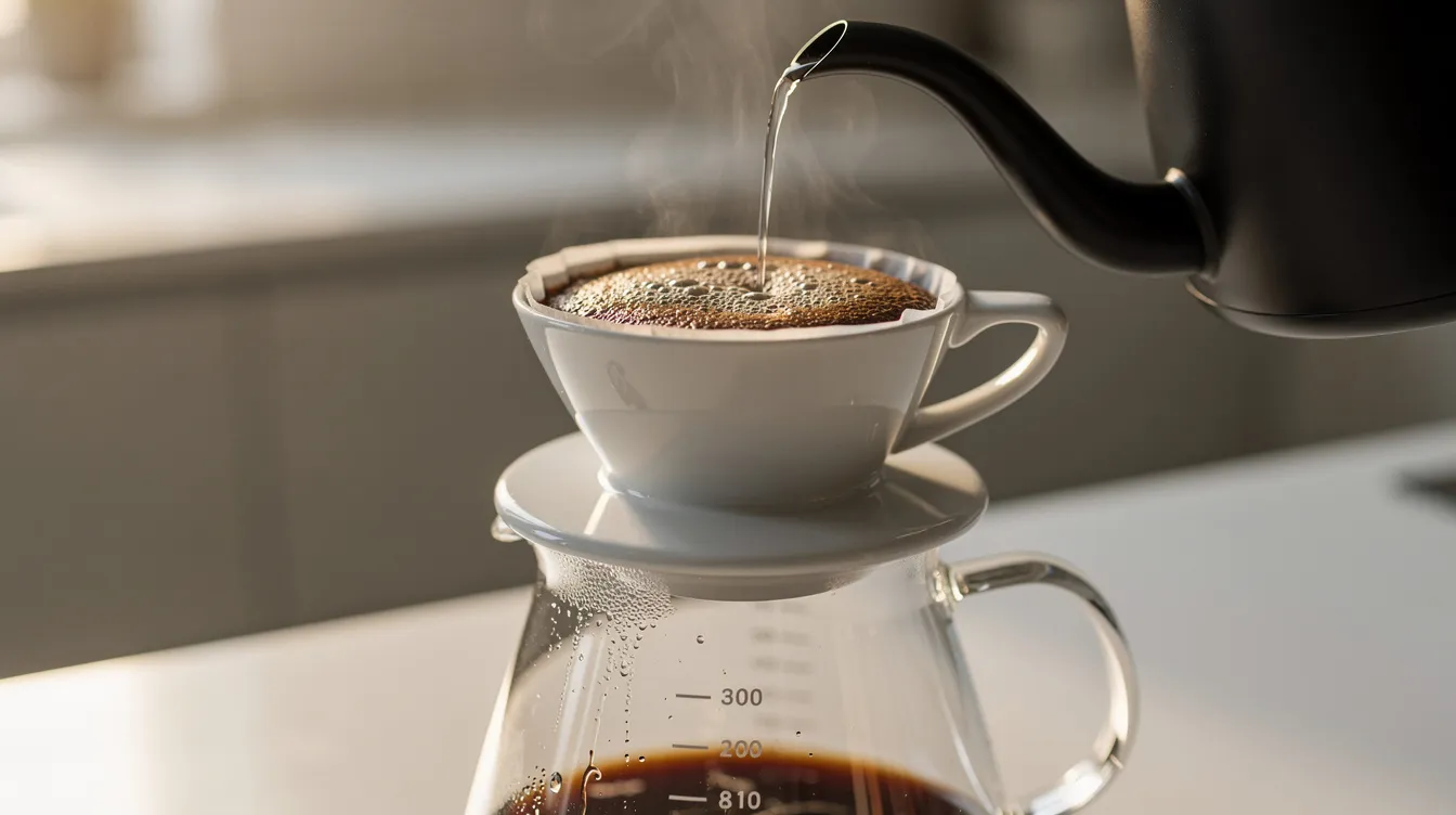 A close-up image shows hot water being poured from a gooseneck kettle into a ceramic pour-over coffee dripper, with coffee grounds placed inside, ready for the manual coffee brewing process. The glass server below captures the rich, aromatic brew as it drips, highlighting the art of creating a perfect cup of coffee.