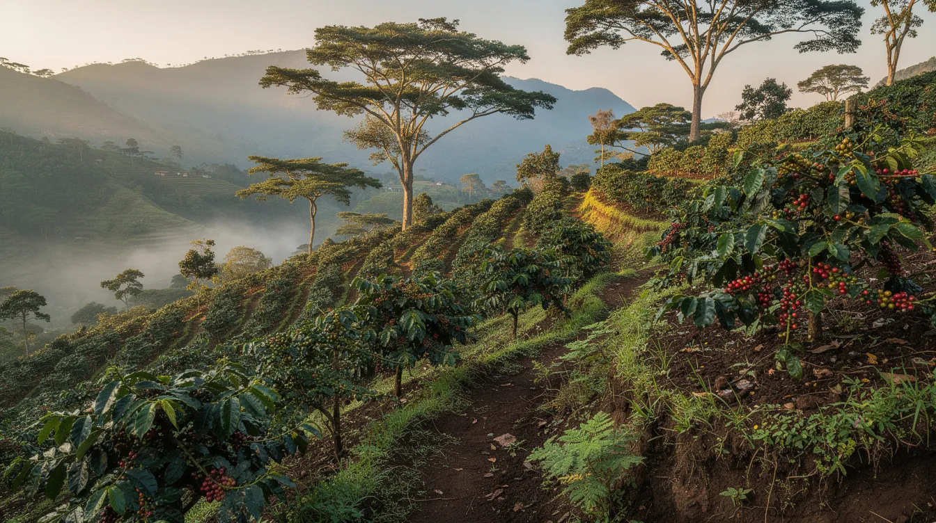 The image depicts a lush green Ethiopian highland coffee farm, featuring shade trees and coffee plants thriving on steep terraced hillsides. This picturesque landscape highlights the cultivation of high-quality Ethiopian coffee beans, showcasing the region's commitment to producing specialty coffee with vibrant flavors and pleasant acidity.