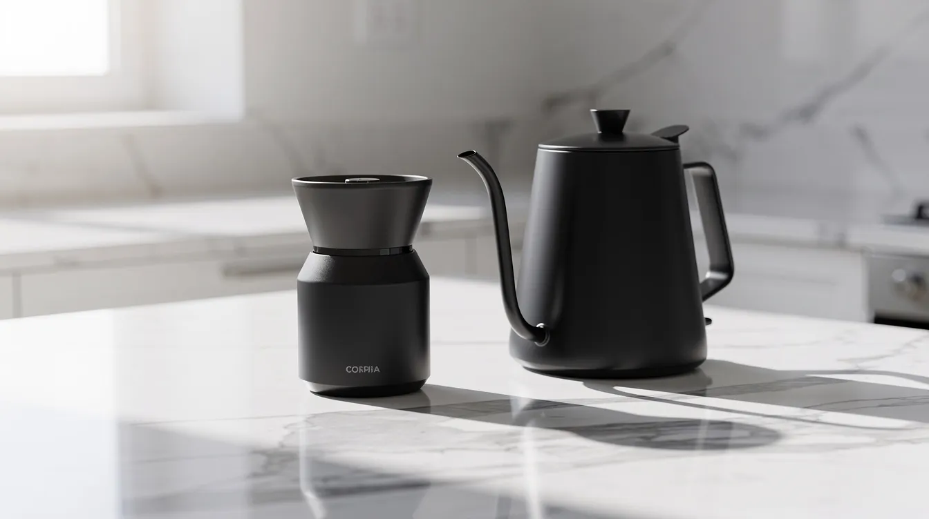 A sleek, compact matte black coffee grinder, specifically the Fellow Ode Gen 2, is positioned on a pristine white marble countertop beside a stylish gooseneck kettle, perfect for brewing filter coffee. This quiet electric grinder is designed for grinding coffee beans with precision, ensuring grind consistency and flavor quality for your favorite brew methods.