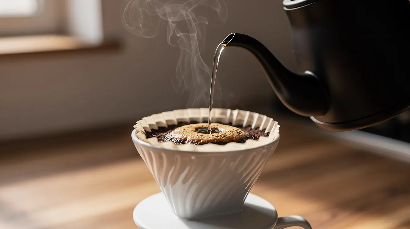 A close-up image shows a pour over coffee dripper as water is being poured from a gooseneck kettle into a ceramic cone filter, with steam rising from the brewing process. This scene captures the essence of making delicious coffee, highlighting the careful technique used by coffee drinkers to achieve the perfect brew.
