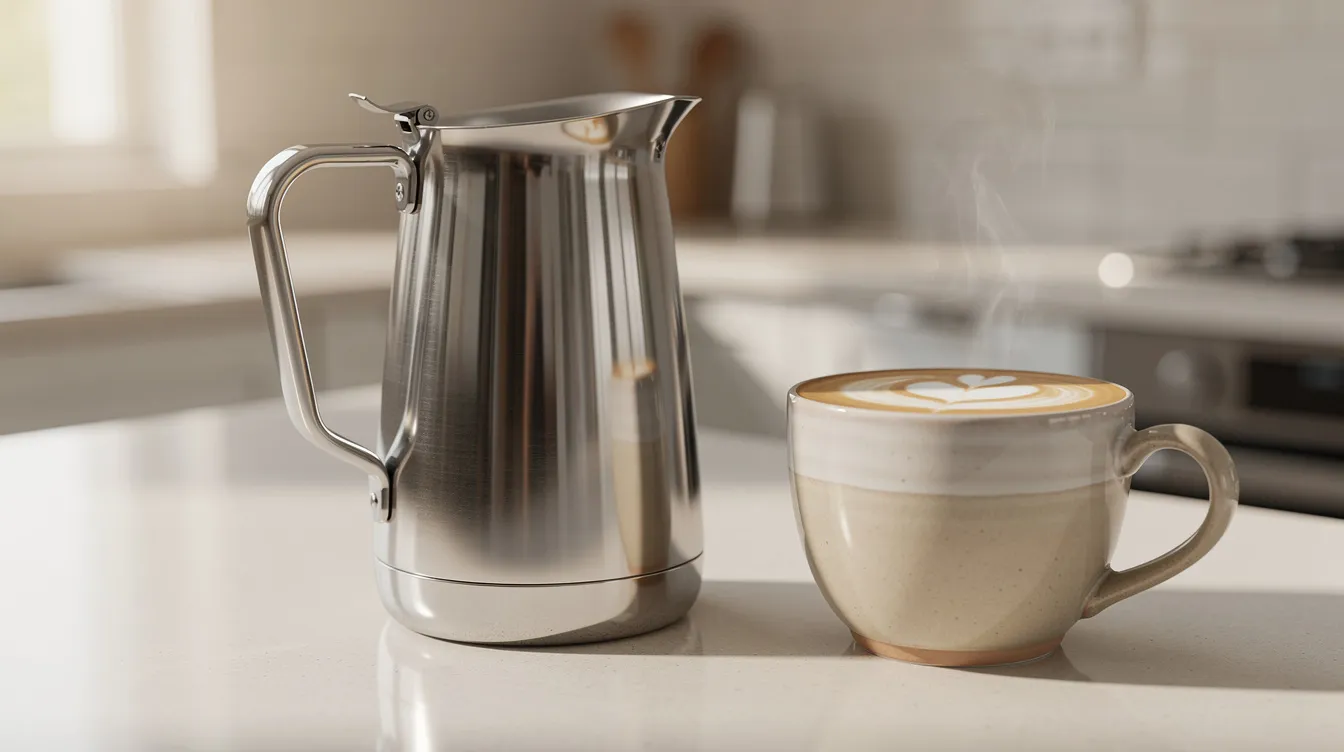 A sleek stainless steel pitcher-style milk frother is placed on a kitchen counter beside a freshly made latte in a ceramic mug, showcasing the perfect combination of frothy milk and rich coffee. This setup highlights the ease of creating velvety foam for lattes and cappuccinos at home.
