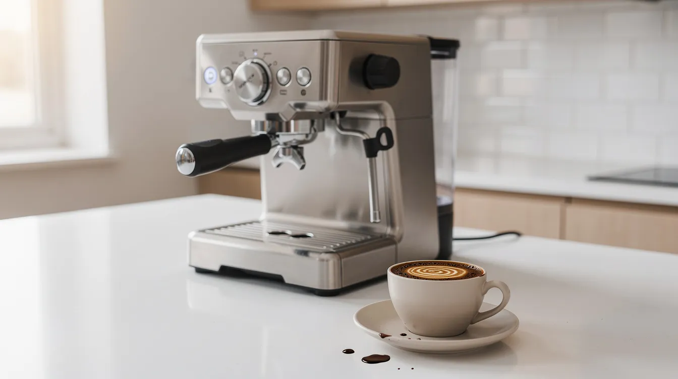 A sleek espresso machine sits on a pristine kitchen countertop, accompanied by a freshly pulled double shot of espresso in a ceramic cup, showcasing the perfect espresso quality. This setup is ideal for coffee enthusiasts looking for the best home espresso machine to create fantastic espresso and latte art.