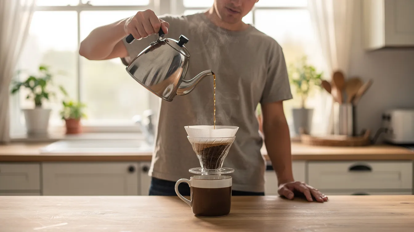A person is brewing a pour-over coffee in a bright home kitchen, using a gooseneck kettle to carefully pour water over freshly roasted coffee beans. The scene captures the essence of a coffee lover's morning ritual, highlighting the beauty of specialty coffee and the joy of crafting the perfect cup.