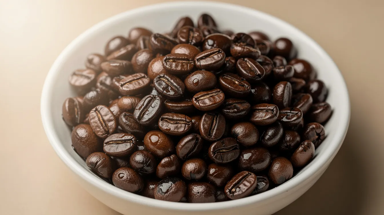 A ceramic bowl filled with dark glossy coffee beans, showcasing a visible oil sheen, is set against a neutral background. These dark roast coffee beans are indicative of a rich flavor profile, often associated with deep chocolate and smoky notes, appealing to coffee enthusiasts who appreciate the complexities of dark roast levels.