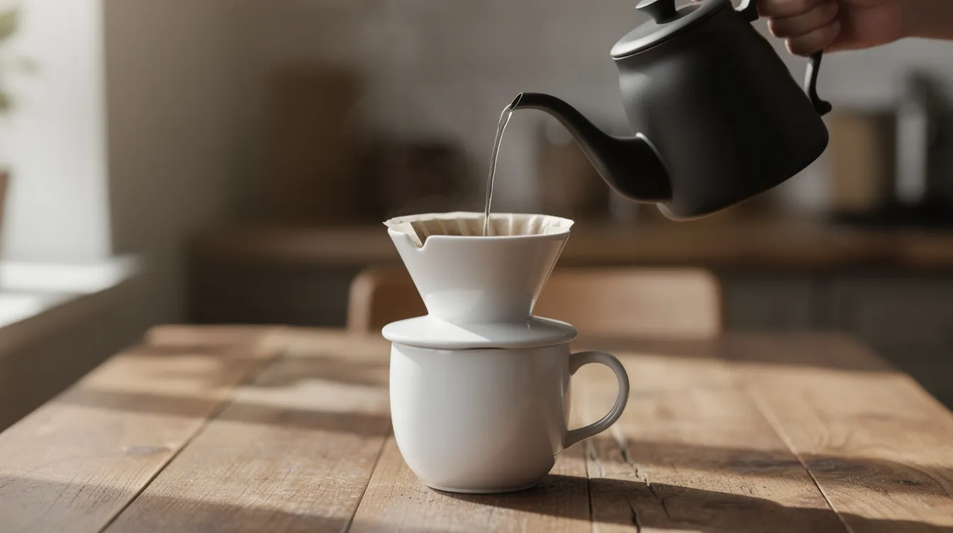 A home barista is carefully pouring water from a stainless steel gooseneck kettle into a ceramic pour-over dripper, set on a wooden table, highlighting the brewing process that coffee lovers cherish for its precision and flavor extraction. The scene captures the essence of a perfect brewing experience, emphasizing the importance of temperature control and flow rate for great coffee.