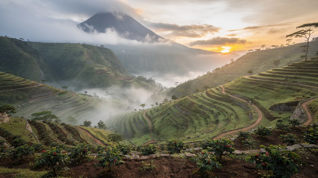 The image depicts a misty volcanic valley adorned with terraced coffee farms that cascade down vibrant green hillsides, showcasing the rich volcanic soil ideal for growing high-quality Guatemalan coffee. The scene highlights the careful cultivation of coffee plants, which thrive in this unique landscape, contributing to the distinct flavors and aromas of Guatemala's renowned coffee beans.