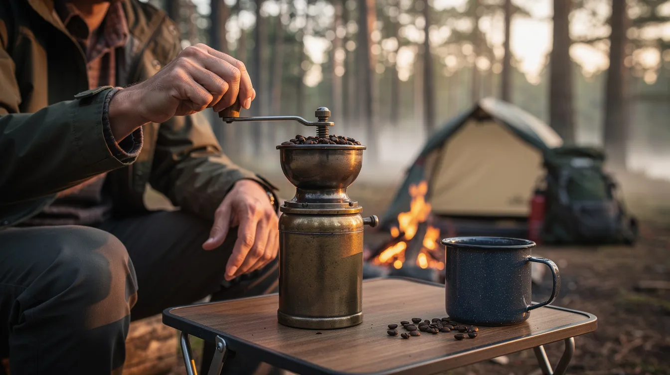 A person is using a manual coffee grinder outdoors at a campsite, carefully cranking it to pulverize coffee beans, with a steaming mug of freshly brewed coffee nearby. The scene captures the essence of enjoying great coffee in nature, highlighting the grinding process that coffee enthusiasts appreciate.