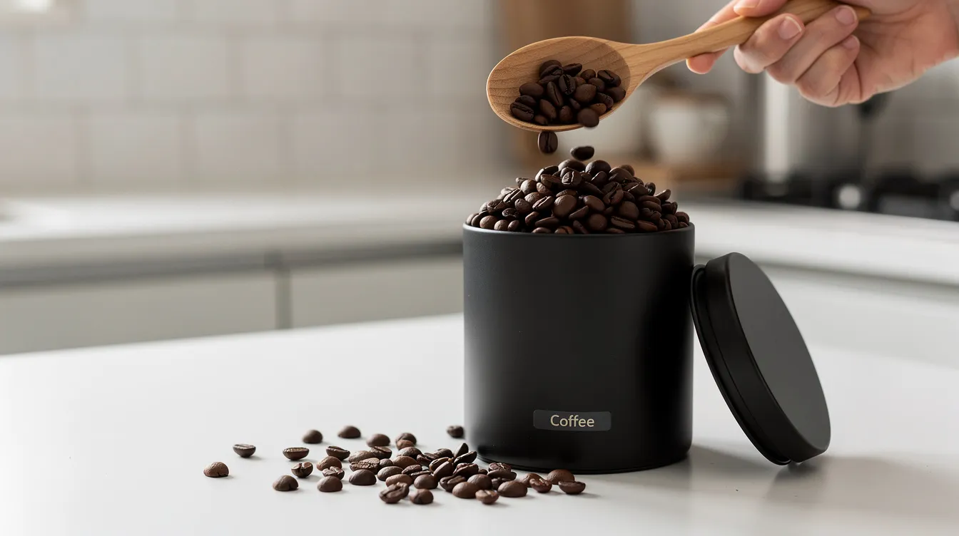A wooden spoon is scooping whole coffee beans from a dark matte canister, resting on a clean kitchen counter. This scene highlights the importance of using an airtight container for coffee storage to maintain the freshness and aroma of the roasted coffee beans.