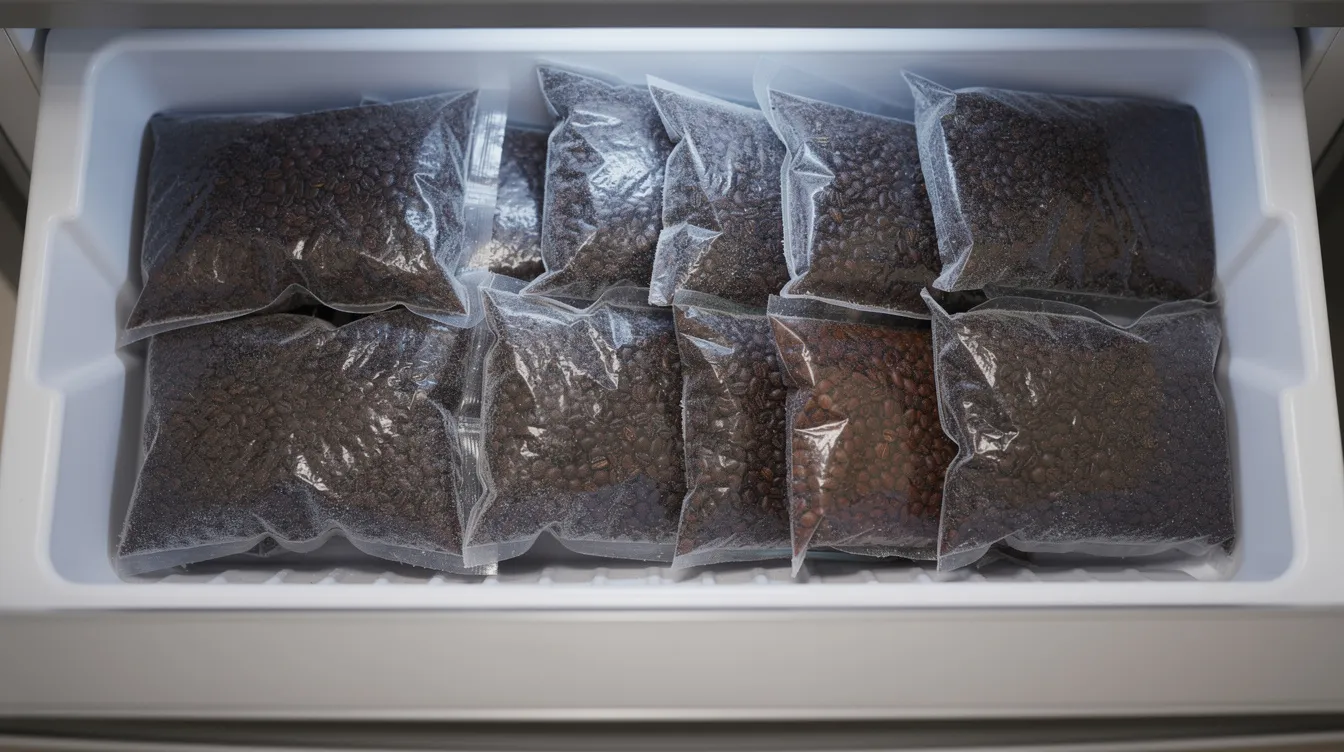 The image shows several small vacuum-sealed bags of coffee beans neatly arranged in a home freezer drawer, illustrating an effective way to store coffee beans for long-term freshness. This method helps preserve the vibrant flavors and aromas of freshly roasted coffee by reducing exposure to air and moisture.